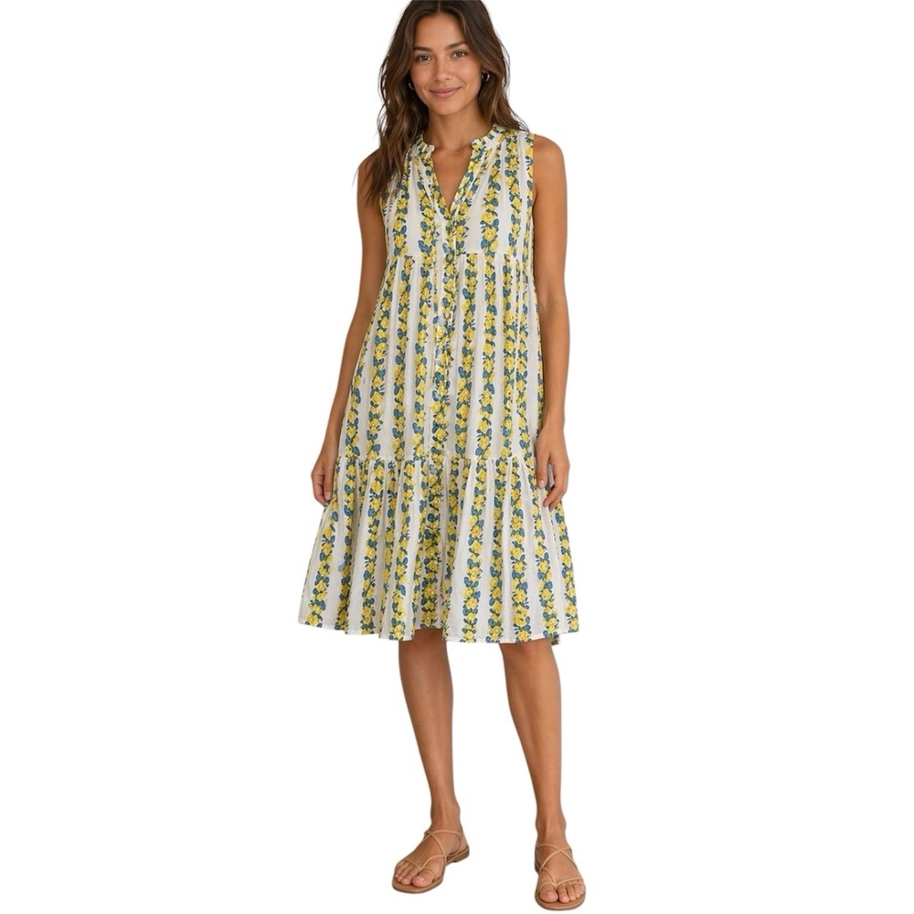 Olivia James The Label Dress Lined 100% Cotton Floral Tiered Tie Neck. Sz S